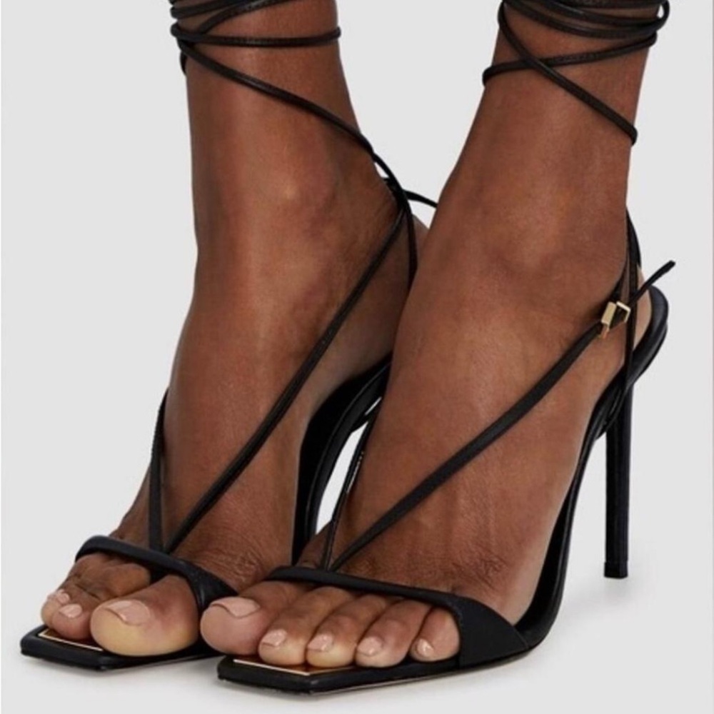 Schutz Vikki Ankle Tie Black Leather High Heel Sandals Size 7.5